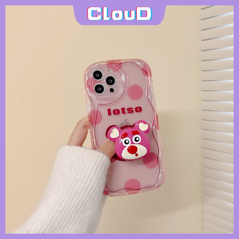 IPHONE Soft Case Beruang Strawberry Lucu Kompatibel Untuk Iphone11 13 14 12 Pro Max7 8 6s 6 Plus X XR XS Max SE 2020 Titik Kartun Manyo 3D Wavy Curved Edge Wave Glossy Cover