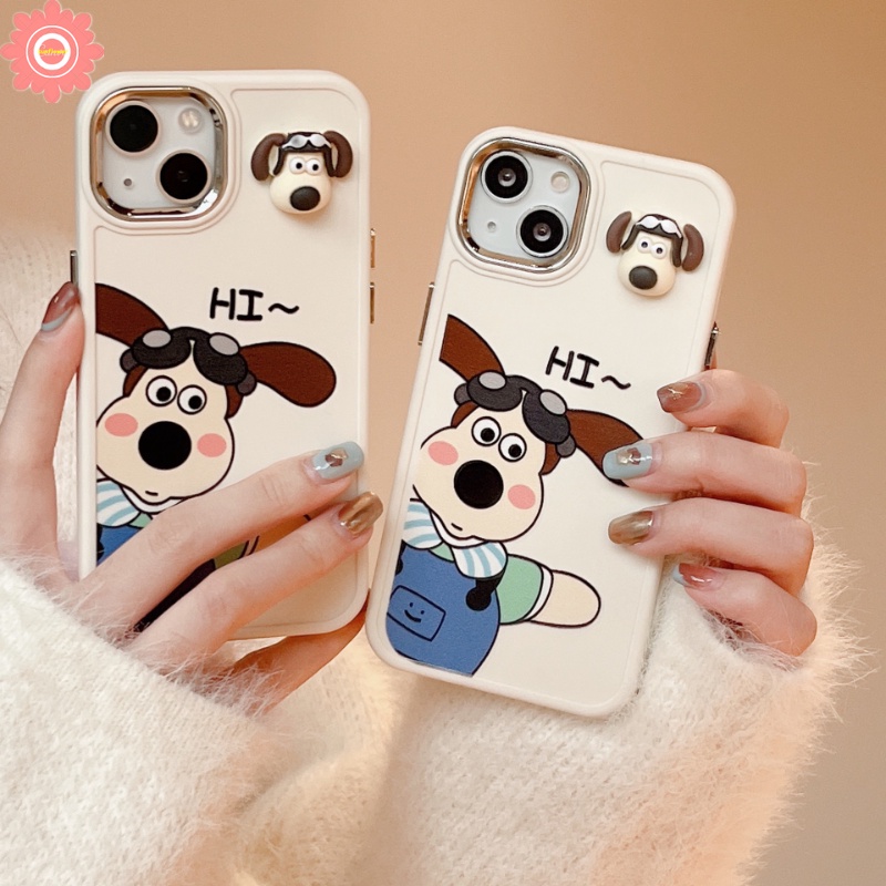 IPHONE 3d Mainan Anjing Lucu Plating Metal Frame Case Kompatibel Untuk Iphone7 8 Plus XR 11 12 14 13 Pro MAX 7plus X 8plus XS MAX Kartun Wallace Dan Gromit Electroplate Soft Cover