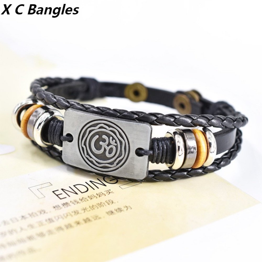 [X C Gelang] Baru Hindu AUM Gelang Kulit Hitam Vintage Hip Hop Punk Gelang Kulit Lengan Manik-Manik Multilayer Zinc Alloy Anyaman Gelang