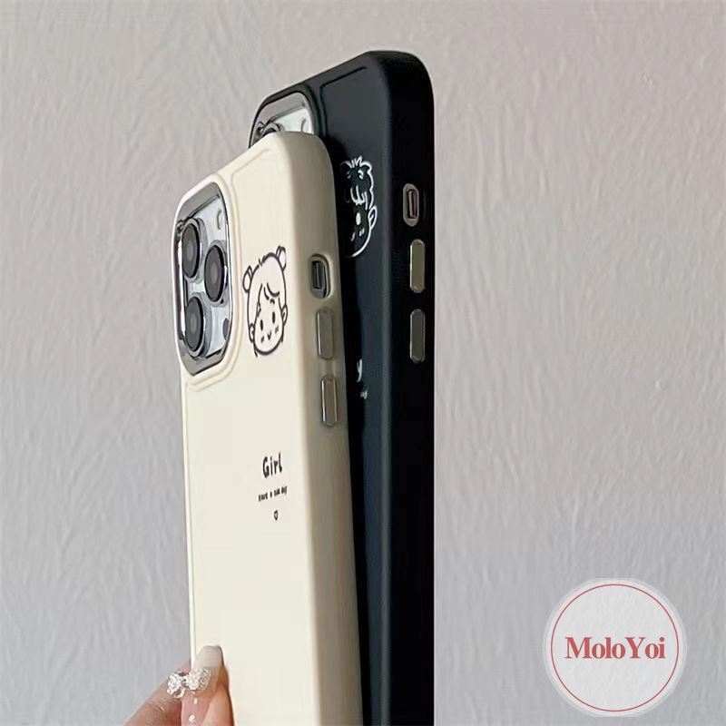 IPHONE Bingkai Lensa Logam Plating Mewah Kartun Lovers Case Kompatibel Untuk Iphone11 7 8 Plus 14 13 12 Pro MAX X XR XS MAX 7plus 8plus Pasangan Lucu Cowok Cewek Lembut Penutup Belakang