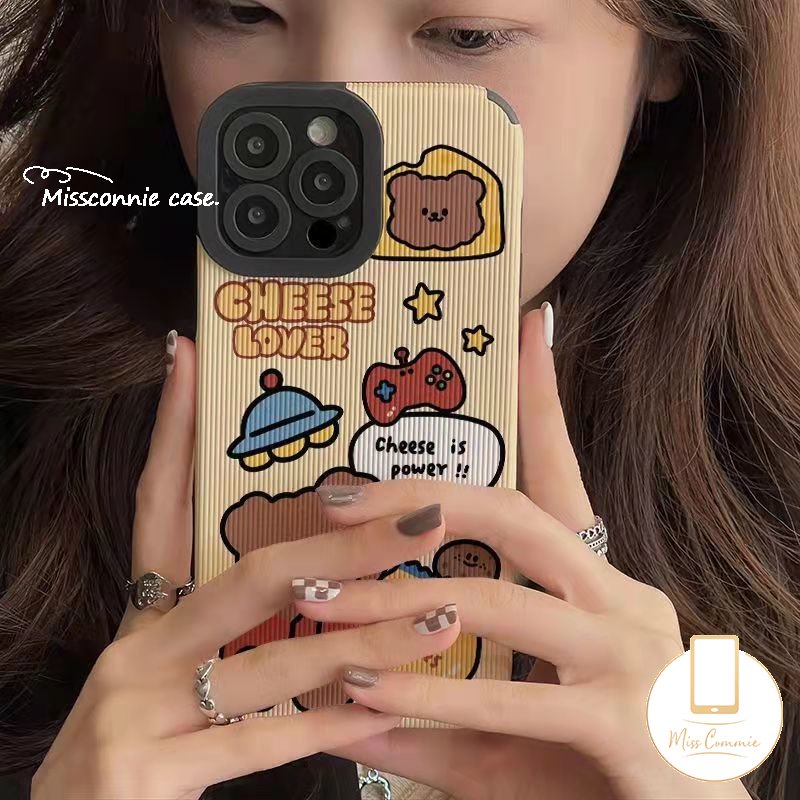 Casing Ponsel Beruang Kartun Lucu Kompatibel Untuk iPhone 7Plus 11 13 14 12 Pro MAX X XR 7 8 Plus XS MAX Fashion Rajut Pola Garis Tekstur Kulit Mewah Silikon Soft Cover