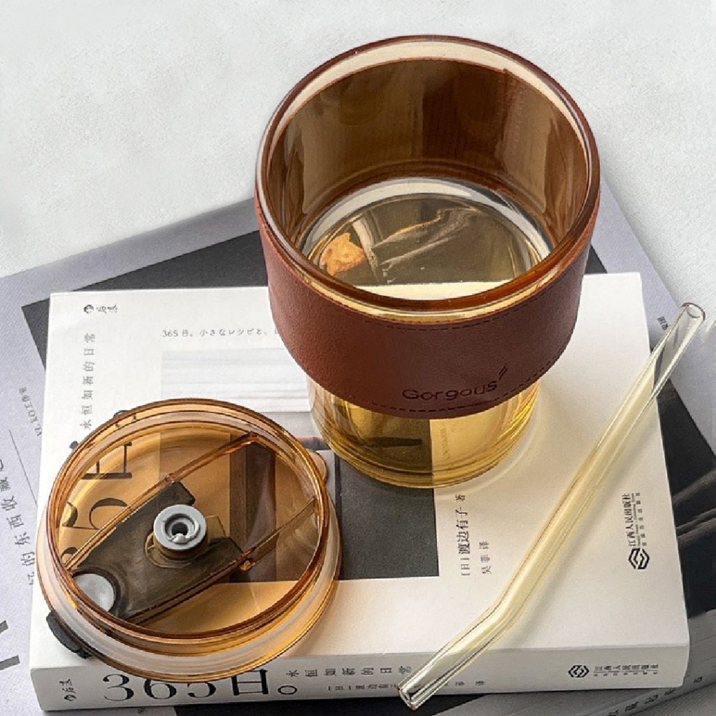 Gelas Kaca Bening/Coklat Estetik | Tumbler dengan Sedotan | Tahan Panas | Food Grade