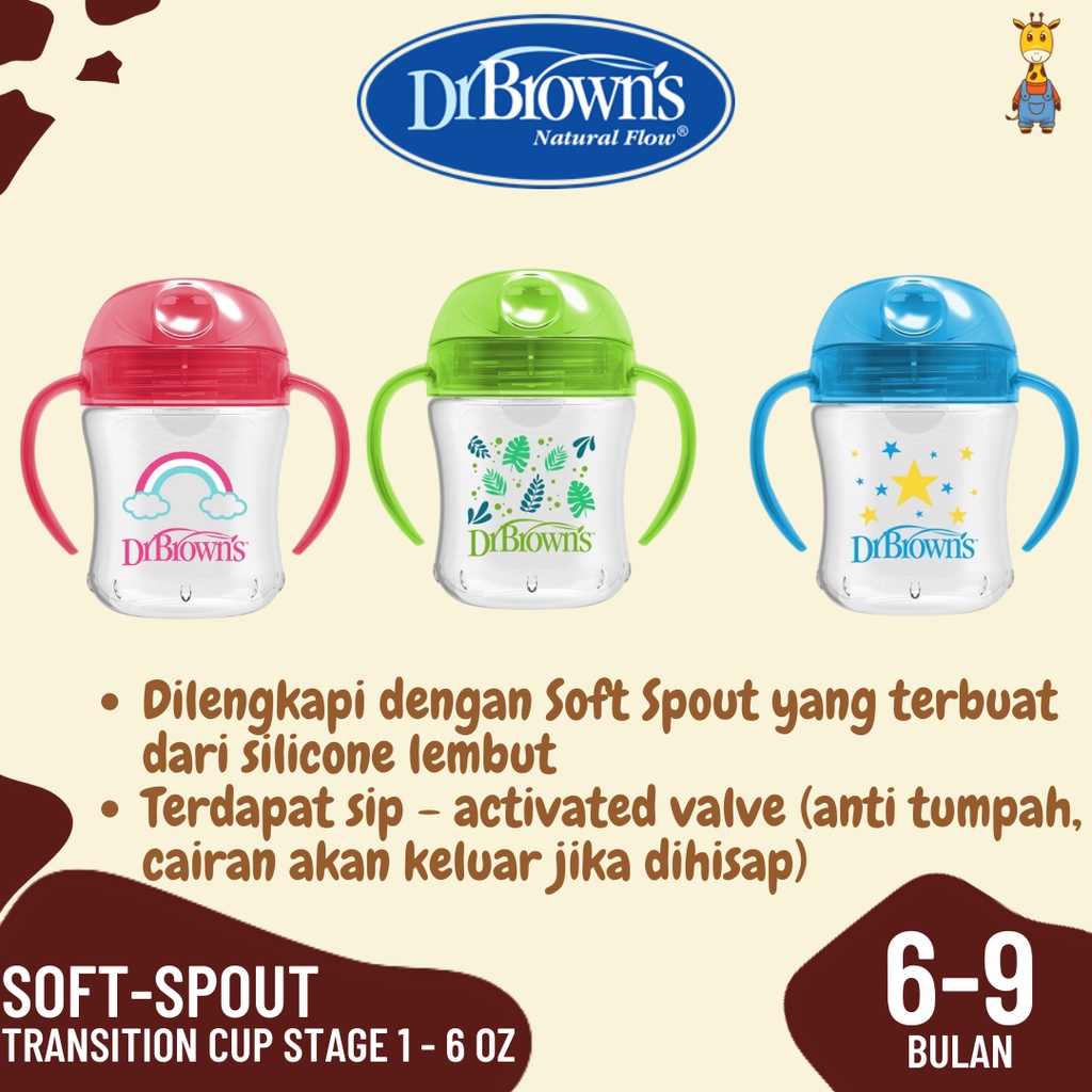 Dr. Brown's 6 oz / 180 ml Soft-Spout Transition Cup Stage 1: 6m+ / Botol Minum Anak / Botol Minum Bayi - 61001