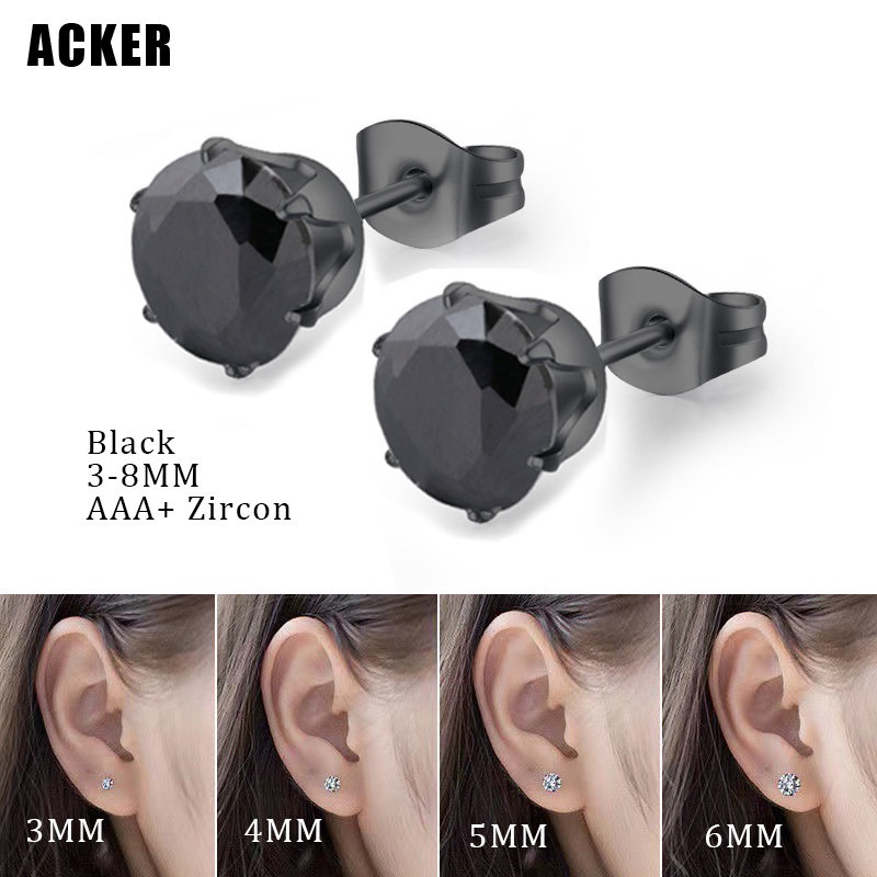 [ACKER] 3-8mm 1pasang Anting Tusuk Titanium Stainless Cubic Zirconia Diamond AAA+Zircon Warna Hitam Untuk Wanita/Pria