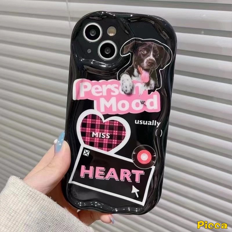 IPHONE Trendy Keren Kartun Kucing Anjing Lucu Love Heart Letter Case Kompatibel Untuk Iphone11 14 12 13 Pro Max XR 7Plus 6s 6 7 8 Plus X XS Max SE 2020 3D Wavy Curved Edge Soft Cover