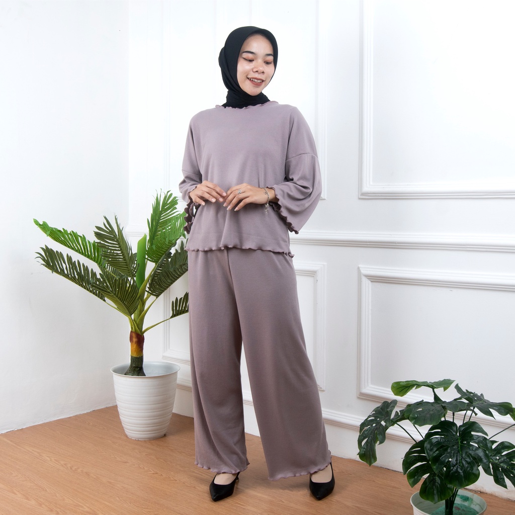 BEFAST - ZNF OOTD WANITA ONESET LINA / LOREN ONE SET KNIT / Set Atasan Lengan Panjang+Celana Kulot Panjang / Pakaian Casual Wanita Terbaru / Outfit Daily Wanita Hijab / Fashion kekinian Remaja ABG / Oneset Polos Terlaris