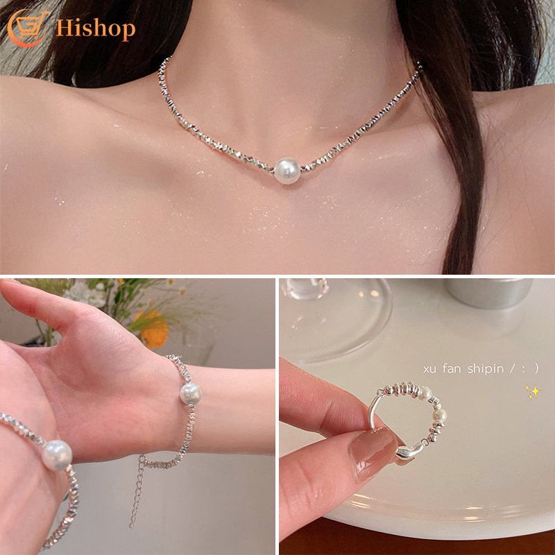 Indah Perak Kalung Gelang Cincin Untuk Wanita Mutiara Elastis Rings Metal Block Beads Rantai Choker Aksesoris Fashion Perhiasan