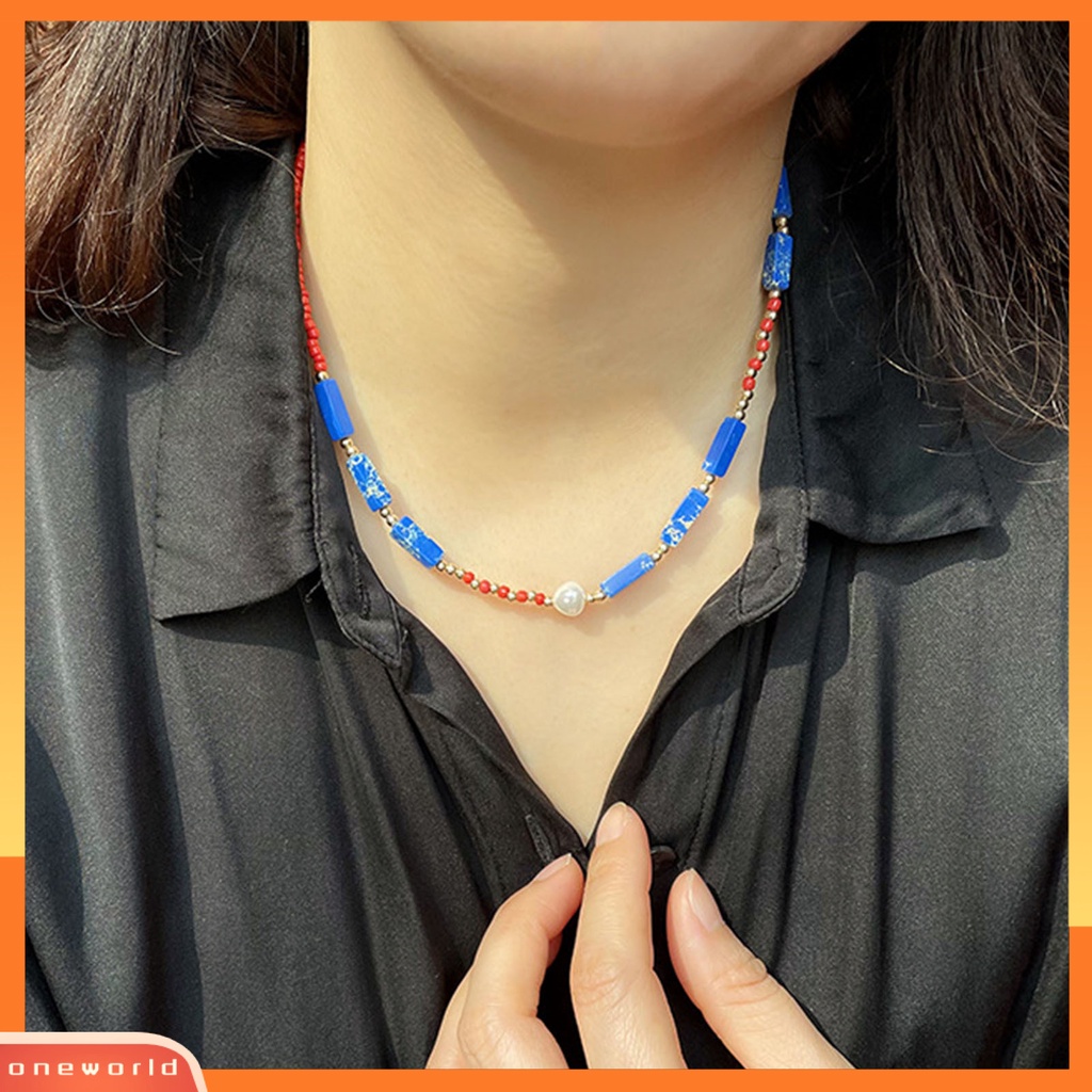 [ONE] Kalung Choker Manik-Manik Biru Perhiasan Batu Imitasi Bohemian Rantai Klavikula Ringan Untuk Pakaian Sehari-Hari