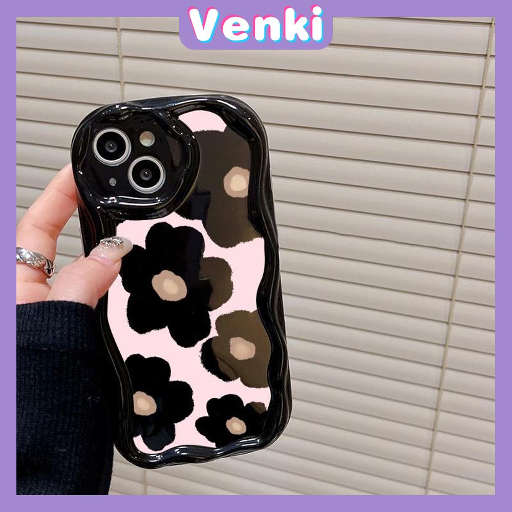 VENKI - Untuk iPhone 11 Case Curved Edge Wave Case Glossy Black TPU Airbag Tahan Guncangan Kamera Case Bunga Lucu Kompatibel dengan iPhone 14 13 Pro max 12 Pro Max xr xs 7Plus 8PLus