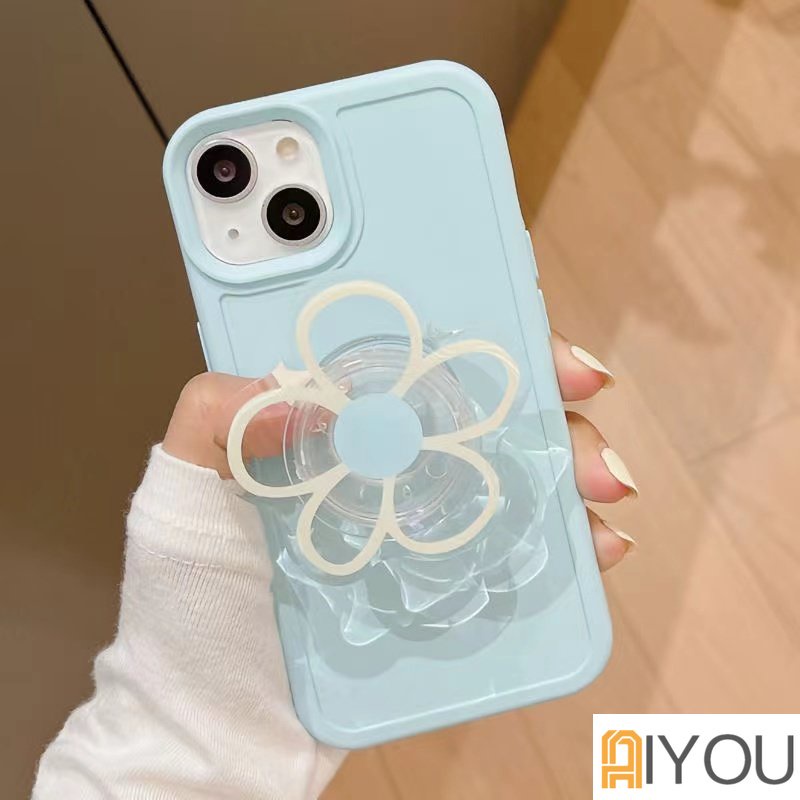 IPHONE Ins Korea Lovely Line Flower Bracket Bening Lembut Casing Ponsel Untuk Iphone14 12 11 13 Pro Max XR X XS Max Holder Shockproof Back Cover