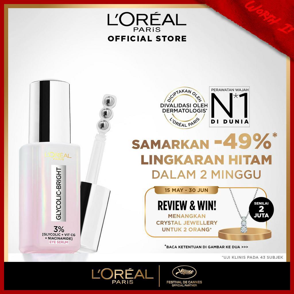 L'Oreal Paris Glycolic Bright Dark Circle Eye Serum Skincare - Menyamarkan Mata Panda dengan 3% (Glycolic + Niacinamide + Vit CG)