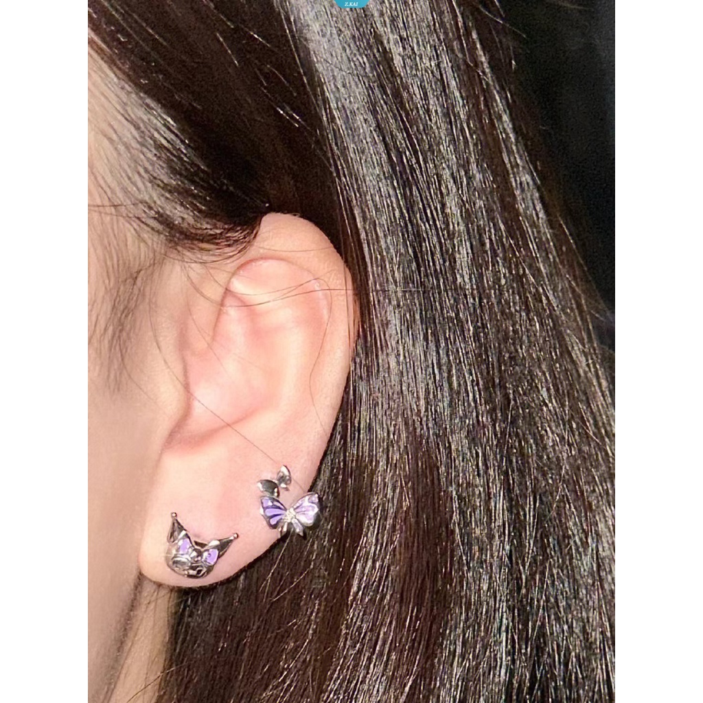 Sanrio Kuromi Warna Perak Kupu-Kupu Zirkon Studs Earrings Desain Tiga Dimensi Double Layer Wing Earrings Perhiasan Wanita [ZK]