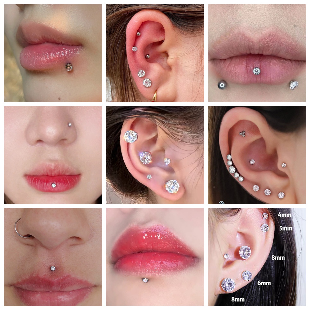 10pcs/lot 16G /18G Kristal Bibir Stud Stainless Steel Labret Piercing Tulang Rawan Stud Earrings Tragus Keong Helix Piercing