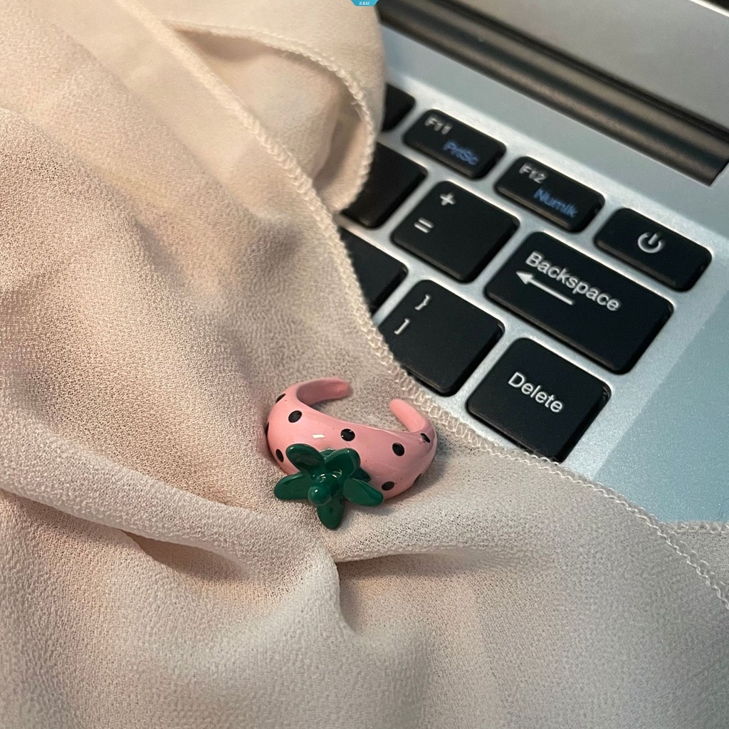 Kawaii Indah Dan Halus Strawberry Berwarna Enamel Cincin Jari Telunjuk Pink Planet Mata Hitam Dan Putih Cincin Merancang Halus Rings [ZK]