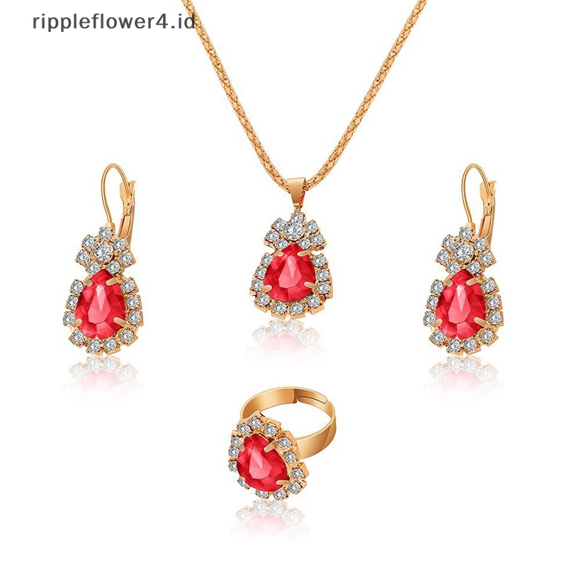 {rippleflower4.id} Fashion Eropa Amerika Perhiasan Liontin Anting Cincin Set Pengantin Dekorasi Hadiah Tetesan Air Berlian Kalung Anting Cincin Set~