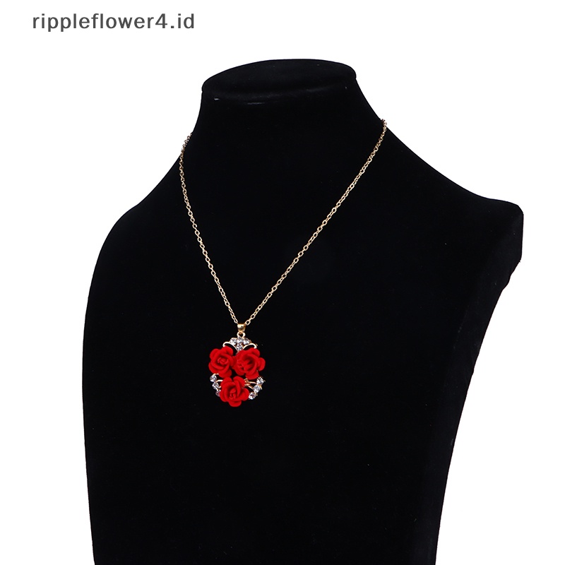 {rippleflower4.id} Romantis Merah Beludru Mawar Zirkon Kalung Anting Cincin Set Untuk Wanita Menawan Bunga Liontin Perempuan Perhiasan Hadiah Ulang Tahun~