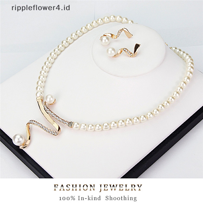 {rippleflower4.id} Baru Wanita Pengantin Pesta Pernikahan Mutiara Berlian Imitasi Kalung Anting Set Perhiasan~