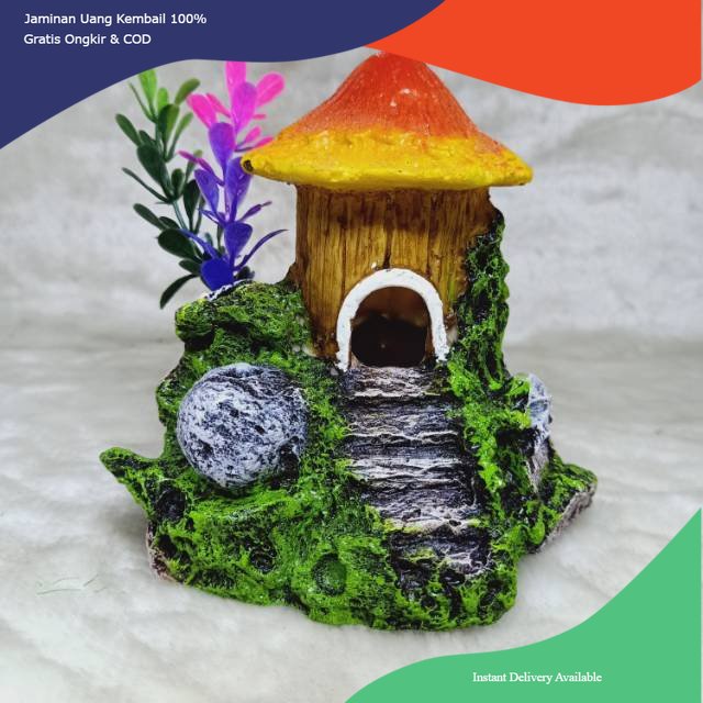 dekorasi aquarium rumah kayu, hiasan aquarium rumah kayu, rumah jamur kayu aquarium, dekorasi rumah 