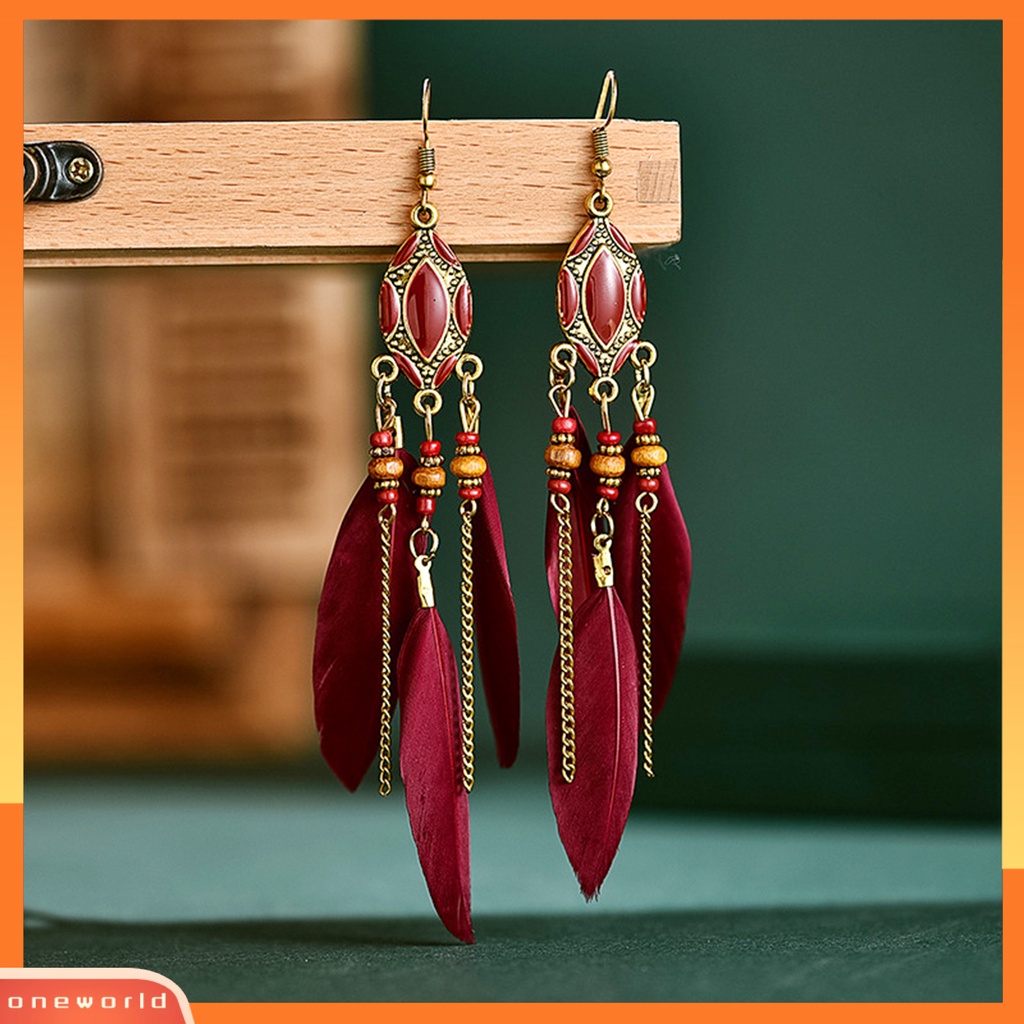 [WOD] 1pasang Anting Drop Beads Feather Jewelry Anting Kait Panjang Multiwarna Untuk Pesta