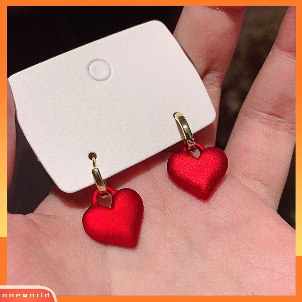 [WOD] 1pasang Anting Klip Romantis Mewah Paduan Frosted Merah Hati Drop Earrings Perhiasan Pesta