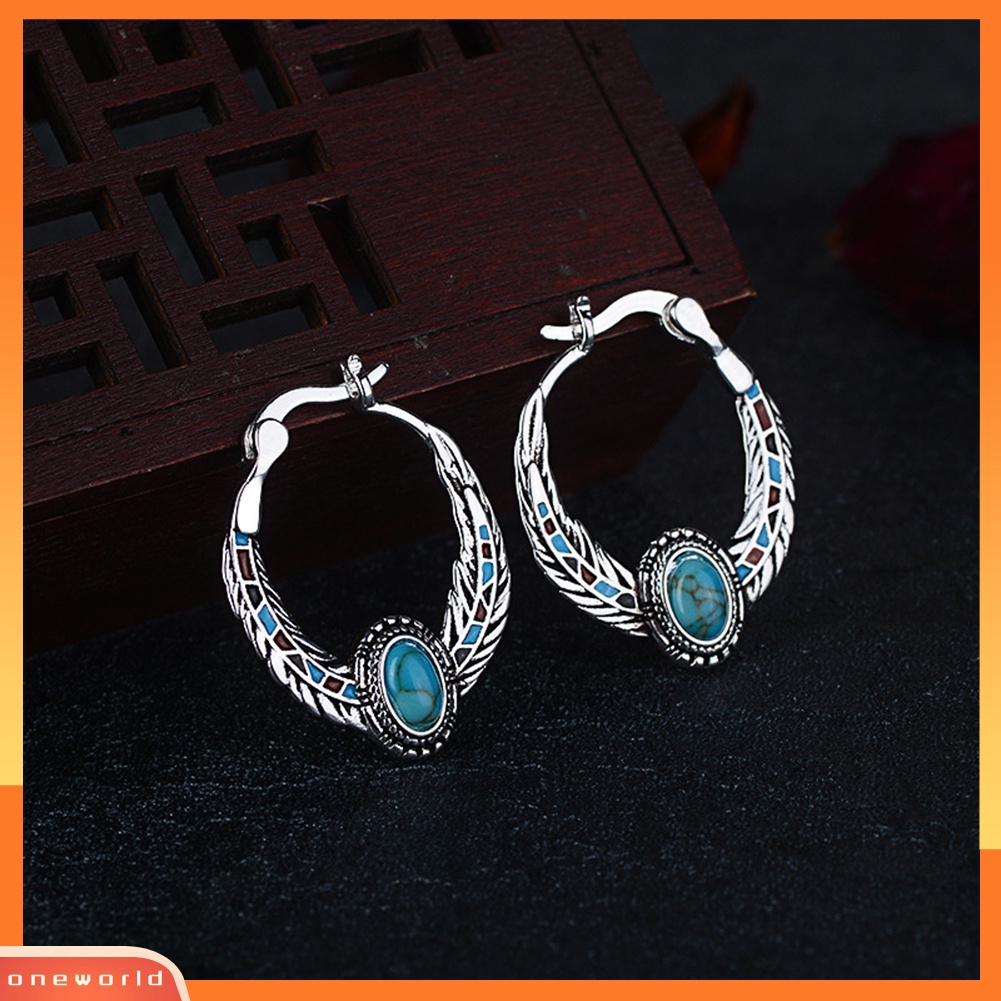 [WOD] Vintage Wanita Faux Turquoise Hias Bulu Menjuntai Hoop Earrings Perhiasan Hadiah