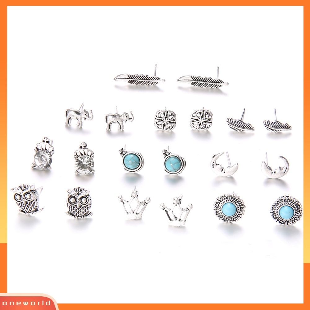 [WOD] 10pasang Wanita Berlian Imitasi Mahkota Gajah Burung Hantu Daun Telinga Studs Earrings Jewelry