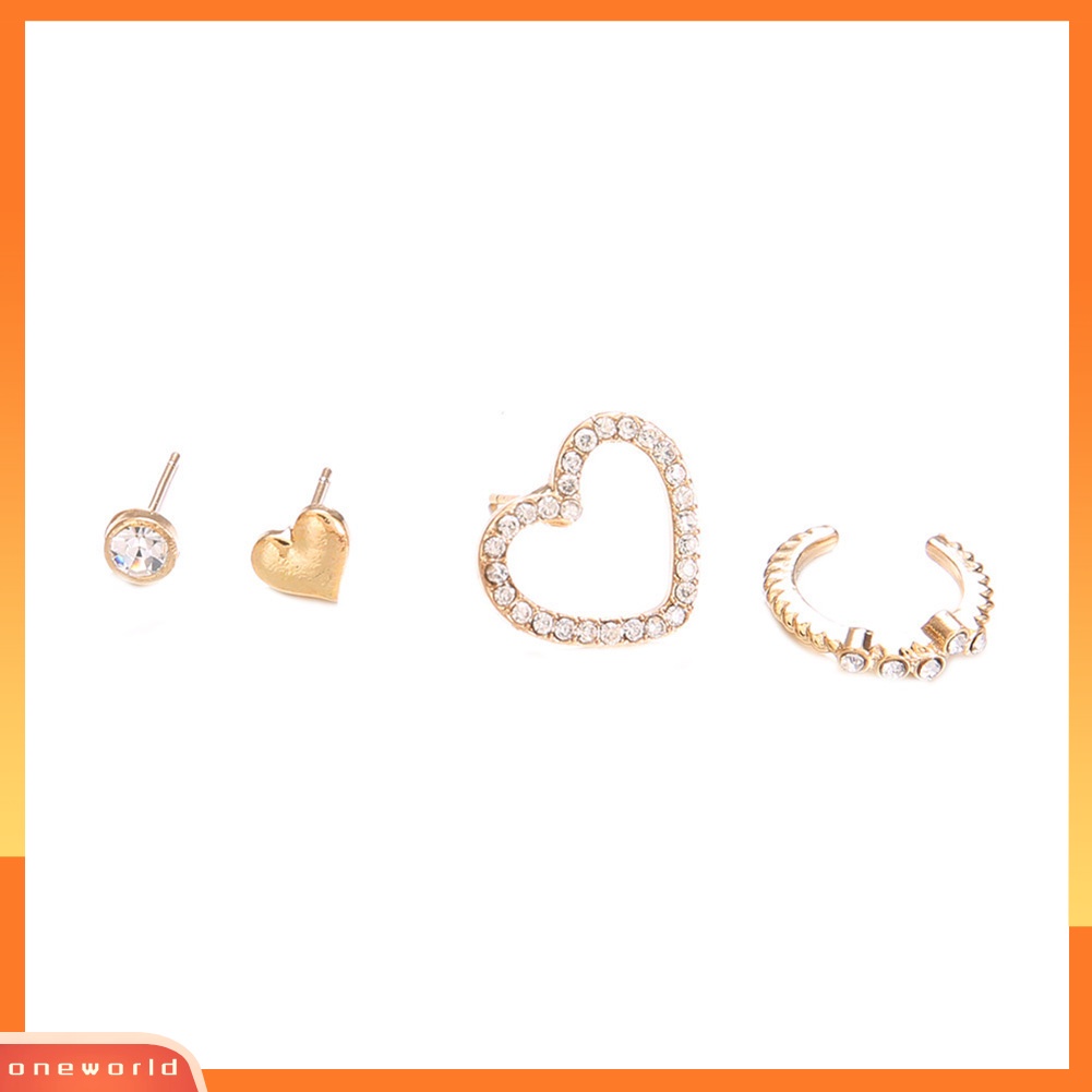 [WOD] 4pcs/set Fashion Sederhana Berongga Cinta Hati Berlian Imitasi Telinga Stud Earrings Jewelry