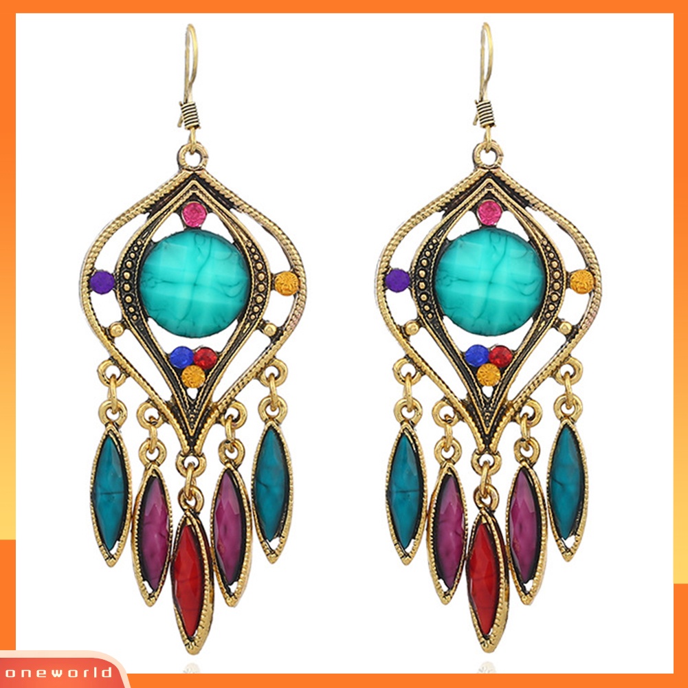 [WOD] Bohemian Wanita Berongga Ukir Panjang Resin Rumbai Menjuntai Kait Anting Perhiasan