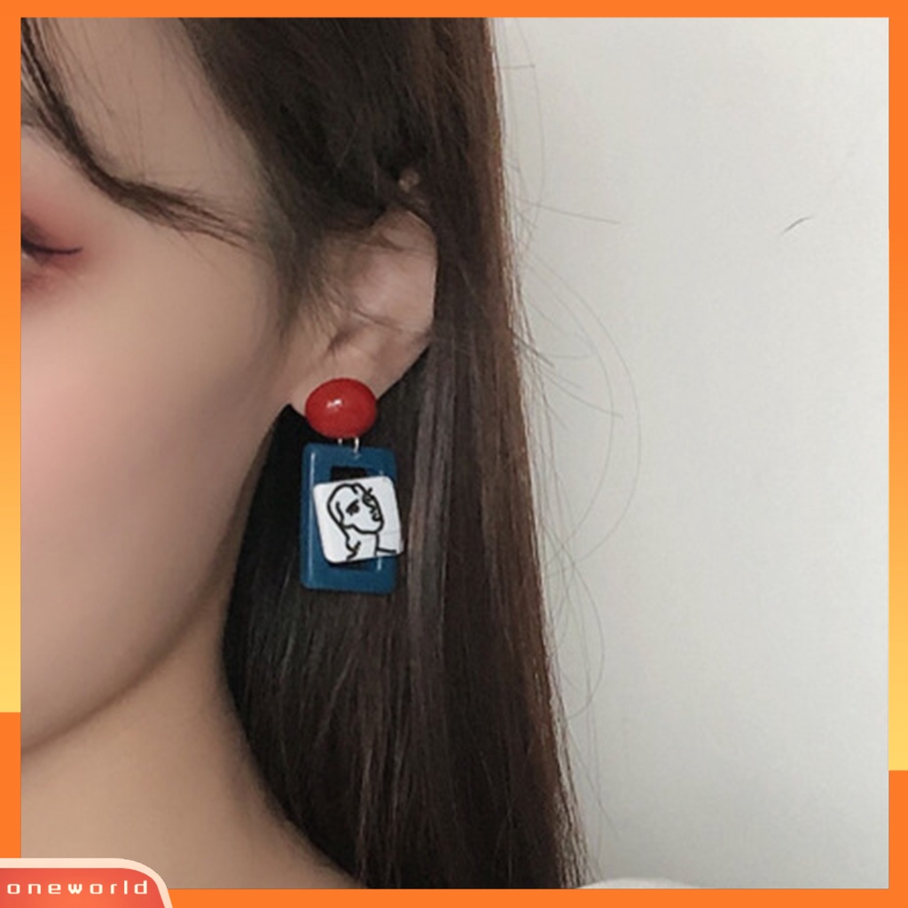 [WOD] 1pasang Pejantan Telinga Vintage Resin Indah Gambar Abstrak Drop Earrings Aksesoris Telinga