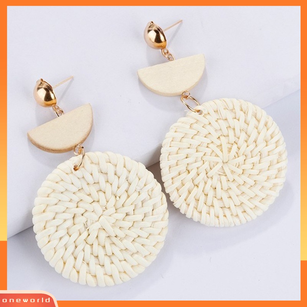 [WOD] Bohemia Tenun Tangan Kepang Bulat Liontin Drop Anting Kayu Jerami Rotan Perhiasan