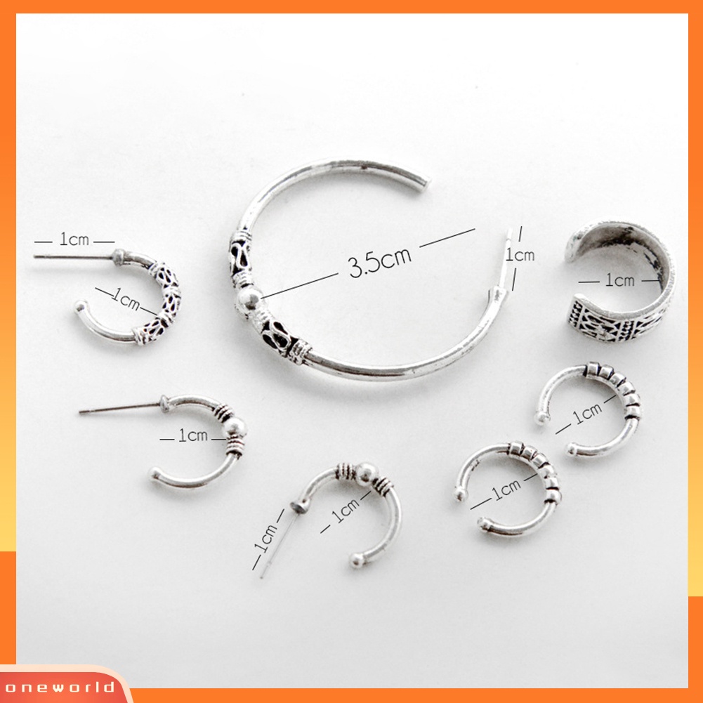 [WOD] 7pcs Boho Wanita Retro Manik-Manik Ukir Bentuk C Alloy Hoop Earrings Set Perhiasan