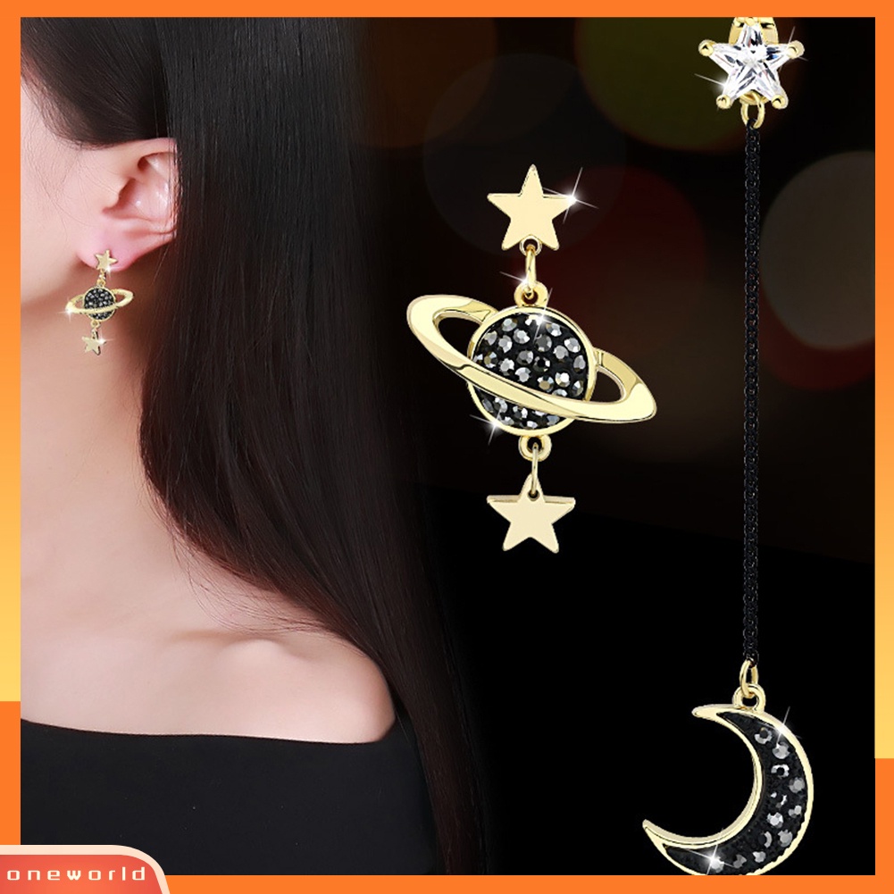 [WOD] Star Moon Ear Stud Berlian Imitasi Menjuntai Asimetris Anting Wanita Perhiasan Hadiah