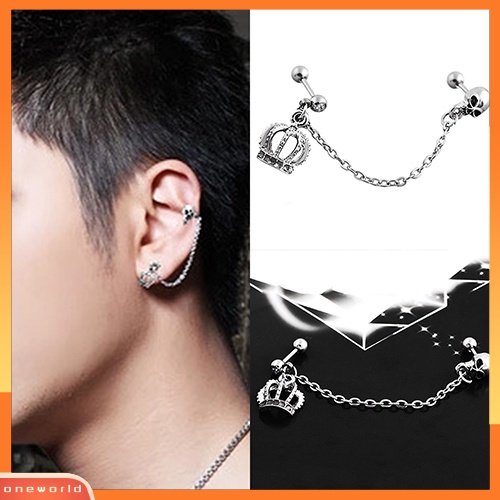 [WOD] Gaya Punk Surgical Steel Crown Skeleton Ear Stud Rantai Anting Tindik Perhiasan