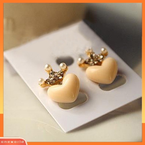 [WOD] 1pasang Fashion Wanita Manis Mutiara Imitasi Berlian Imitasi Mahkota Hati Studs Earrings