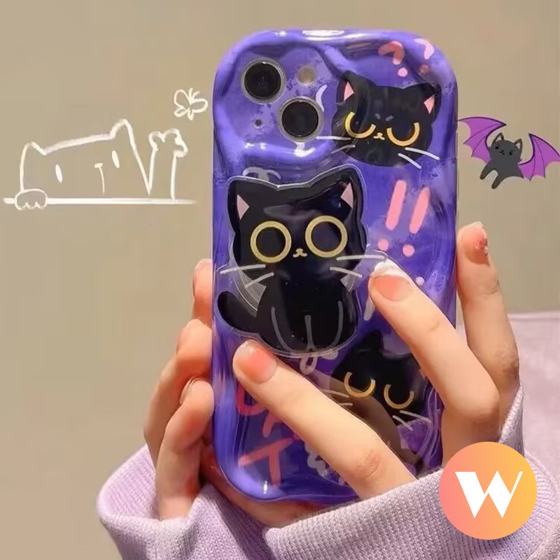 IPHONE Casing Tepi Melengkung Bergelombang 3D Kompatibel Untuk Iphone13 11 12 14 Pro Max7 8 6 6s Plus X XS Max SE 2020xr Lovely Kartun Kucing Lucu Dengan Ponsel Hloder Stand Bracket Soft Case Cover