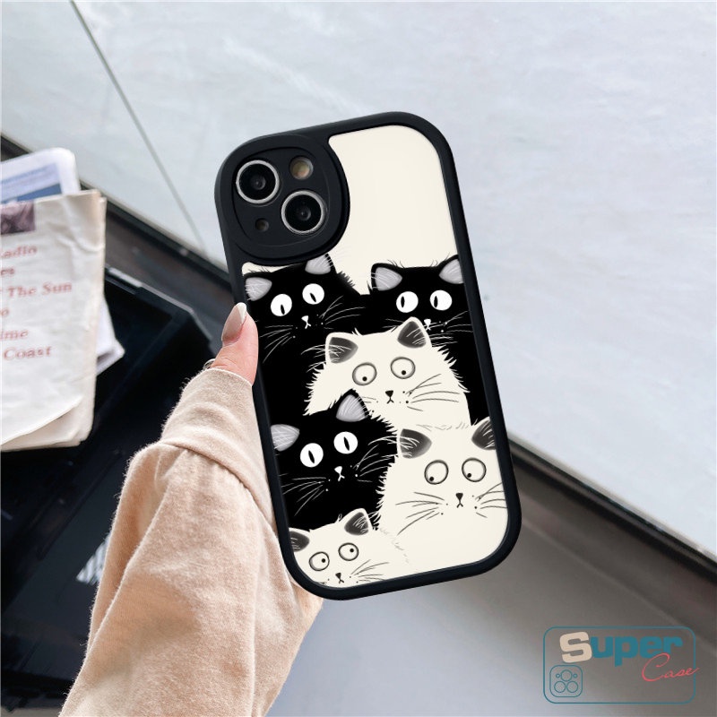 Casing Ponsel Kucing Hitam Putih Layar Penuh Lucu Kompatibel Untuk IPhone XR 11 13 14 7plus 12 Pro Max 7 8 6 6s Plus X XS Max SE 2020 7plus Pasangan Lucu Kartun Tpu Soft Back Cover