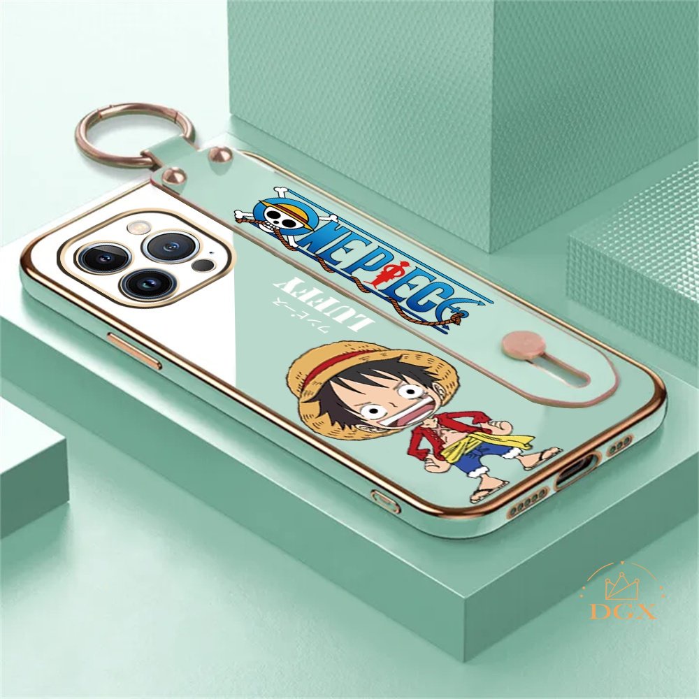 IPHONE Case Fashion Kompatibel Untuk Iphone14 Pro Max Iphone14Plus iPhone13 iPhone12 iPhone11 Xs One Piece Luffy Dudukan Stand Lipat Mewah Plating Karet Soft Cover DGX