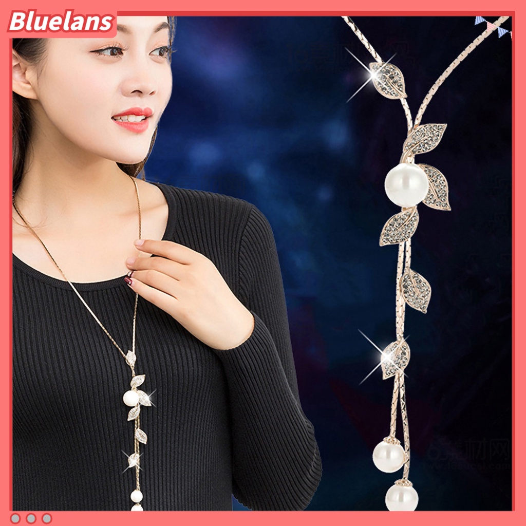 [BLS] Kalung Mutiara Imitasi Rumbai Daun Liontin Aksesoris Indah Sweater Rantai Perhiasan Hadiah Untuk Wanita