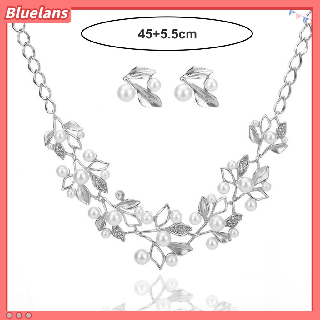 [BLS] 1set Kalung Pengantin Mempesona Berlian Imitasi Berongga Daun Splicing Elegan Mulia Mengkilap Tinggi Mutiara Imitasi Stud Earrings Kit Pernikahan Perhiasan