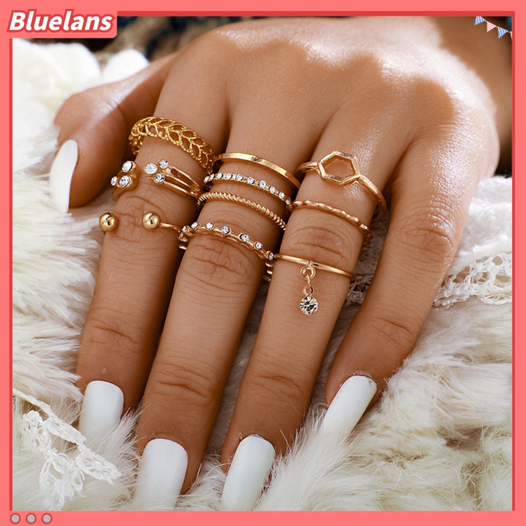 [BLS] 8pcs Cincin Wanita Geometris Berlian Imitasi Lady Shiny All Match Hexagon Rings Untuk Pacaran