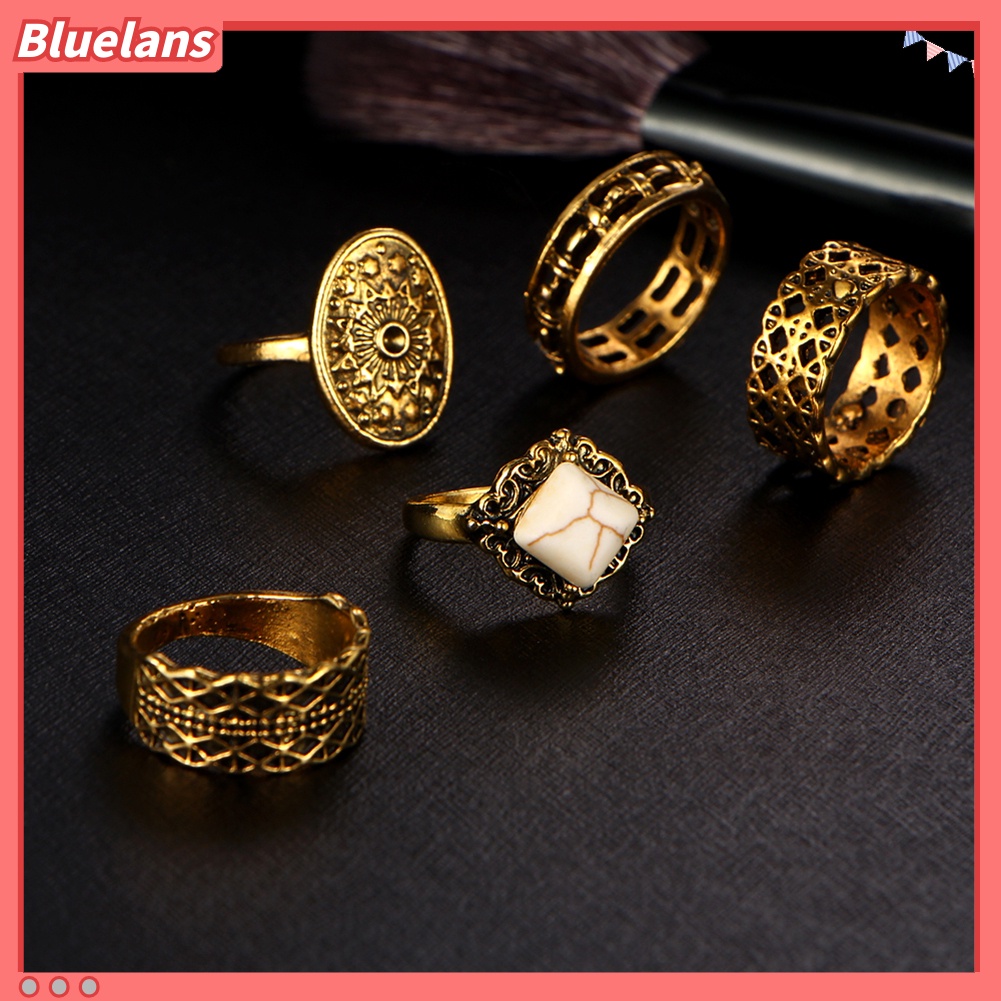 [BLS] 5pcs /Set Vintage Wanita Buku Jari Midi Ujung Tumpuk Cincin Perhiasan Hadiah Golden
