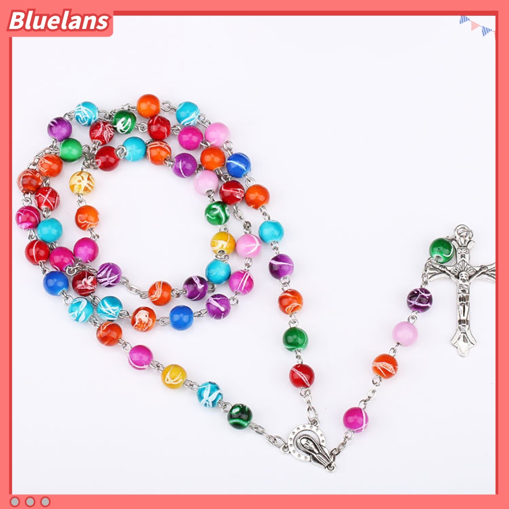 [BLS] Wanita Kristen Katolik Rosario Manik Jesus Cross Pendant Strand Kalung Perhiasan