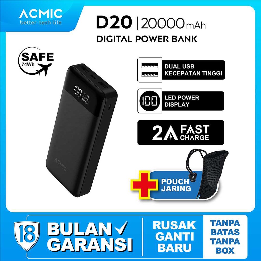 ACMIC D20 20000mAh Digital Display + 2A Fast Charge PowerBank