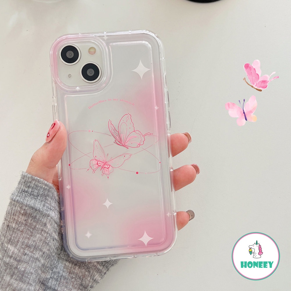 Sweet Pink Swoosh Butterfly Case Untuk iPhone 14 Pro Max13 12 11 Pro Max XR XS 7 8plus Bintang Bening Anti-Shock Penutup Belakang