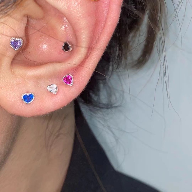 Roselife S925 Perak Bersinar Hitam Transparan Zirkon Jantung Tindik Sekrup Anting Untuk Wanita Perempuan Anti Alergi Double-end Tindik Kecil Kristal Stud Earring Perhiasan Telinga 1pasang