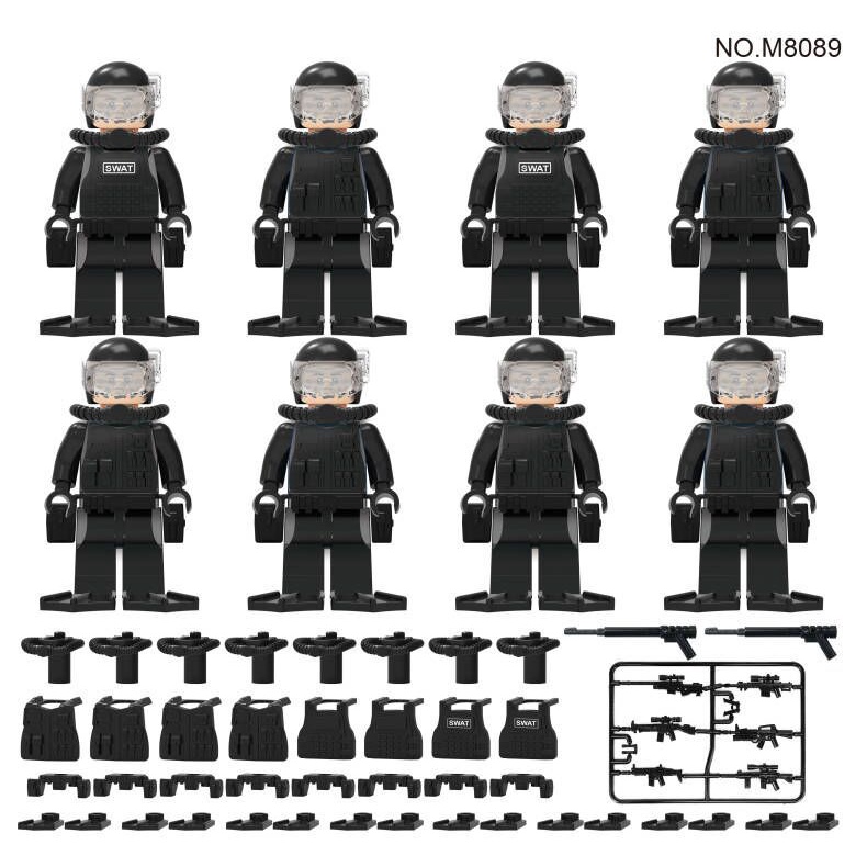 Set Boneka Blok Bangunan SWAT Hitam 8delam Dada Mainan Peralatan Boneka