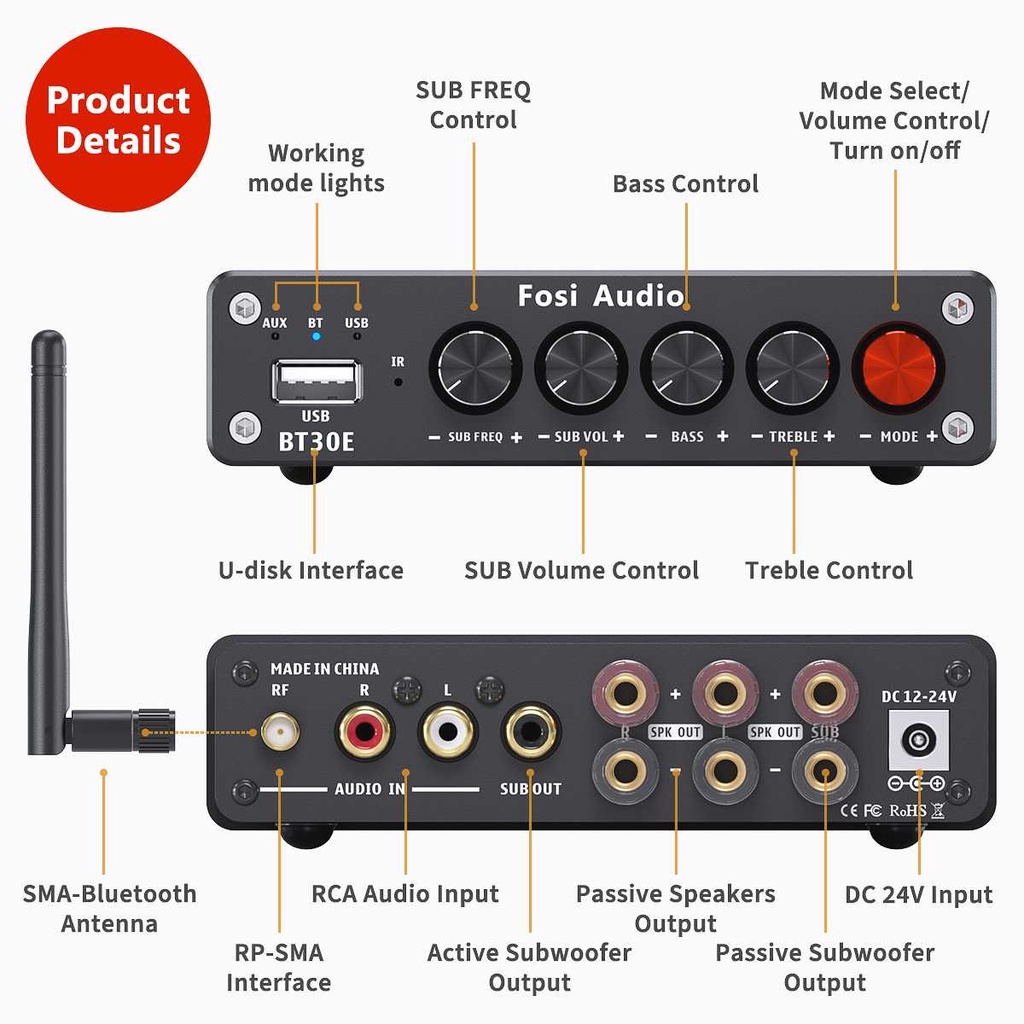 Audio Amplifier Bluetooth 5.0 USB RCA HiFi Subwoofer 2.1 Channel Remot Kontrol