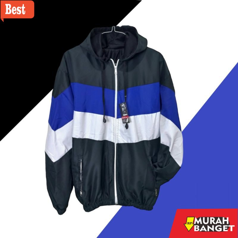 Jaket parasut pria terbaru- Jaket Parasut Pelangi Kombinasi Warna Hitam Putih Biru Pria/Wanita/ Jake