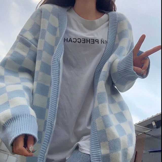 CHECKER OVERSIZED KNIT CARDIGAN WOMAN WINTER IMPORT KOREAN STYLE KARDIGAN RAJUT WANITA