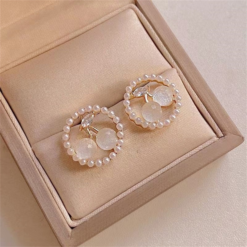 Korea Cherry Zirkon Anting Mutiara Wanita Gadis Kecil Segar Fashion Studs Earring